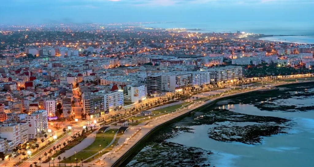 Panoramic view of Casablanca skyline with coastal buildings and Atlantic shoreline, Casablanca