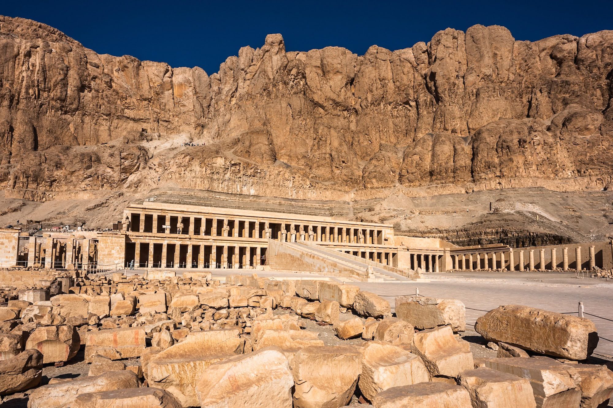 Temple of Hatshepsut showing its distinctive terraced architecture with columns built into limestone cliffs