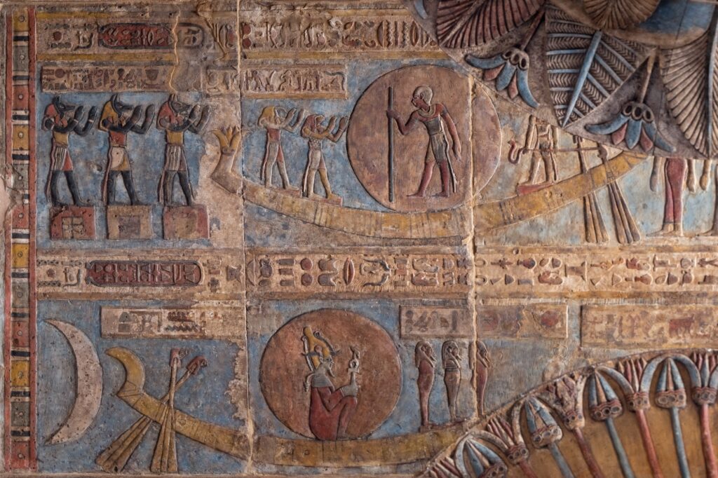 Restored section of the astronomical ceiling with carved and painted reliefs inside the Temple of Khnum, Esna