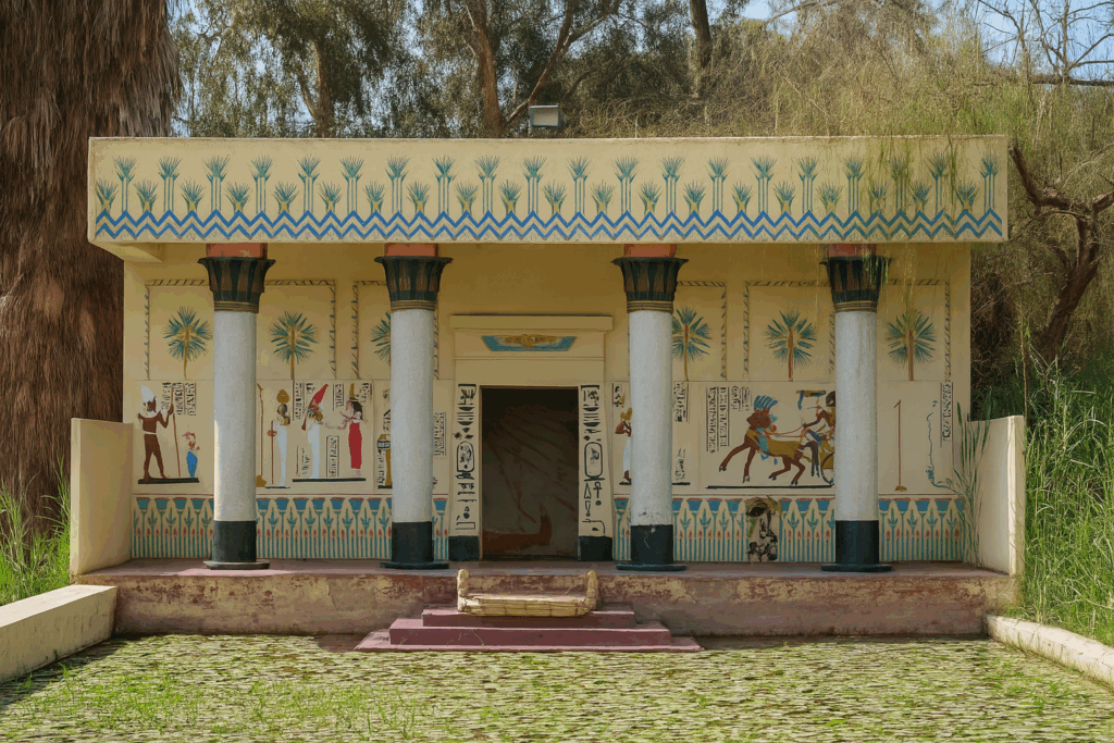 Reconstructed ancient Egyptian pavilion with painted reliefs and columned façade at the Pharaonic Village, Pharaonic Village, Cairo