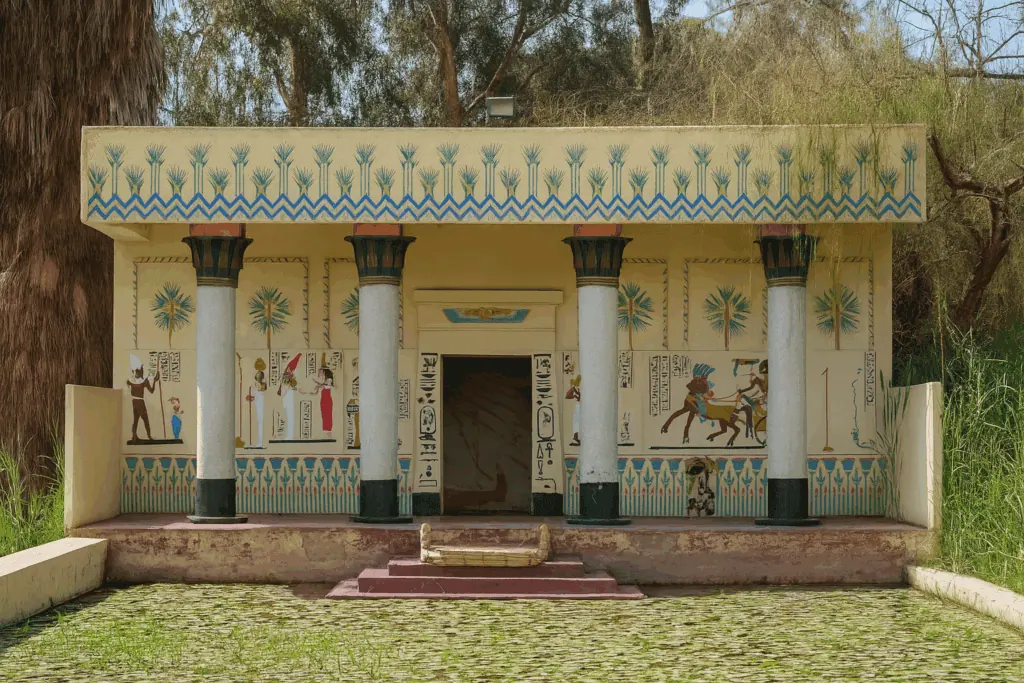 Reconstructed ancient Egyptian pavilion with painted reliefs and columned façade at the Pharaonic Village, Pharaonic Village, Cairo