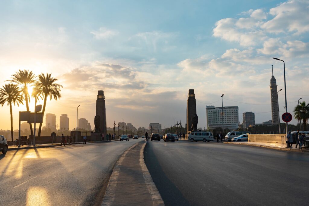 Qasr El Nil Bridge at sunset with no traffic