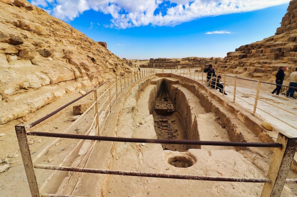 Rectangular solar boat pits carved into the bedrock beside the Great Pyramid of Khufu at Giza Plateau, Giza