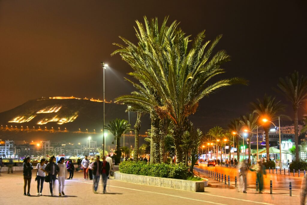 Rue La Plage by night. Agadir is one of the major urban centres of Morocco and famous tourist destination