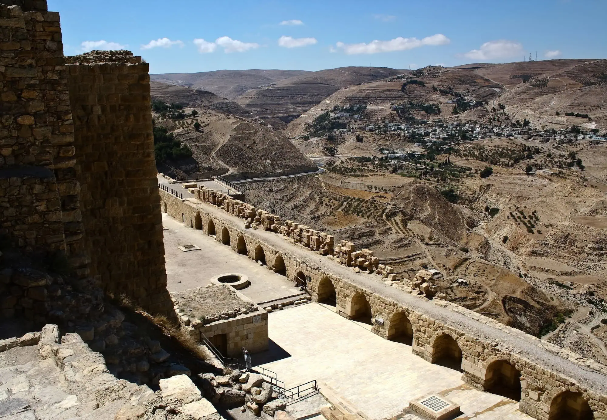 Ancient Karak Castle ruins overlooking desert valley in Jordan