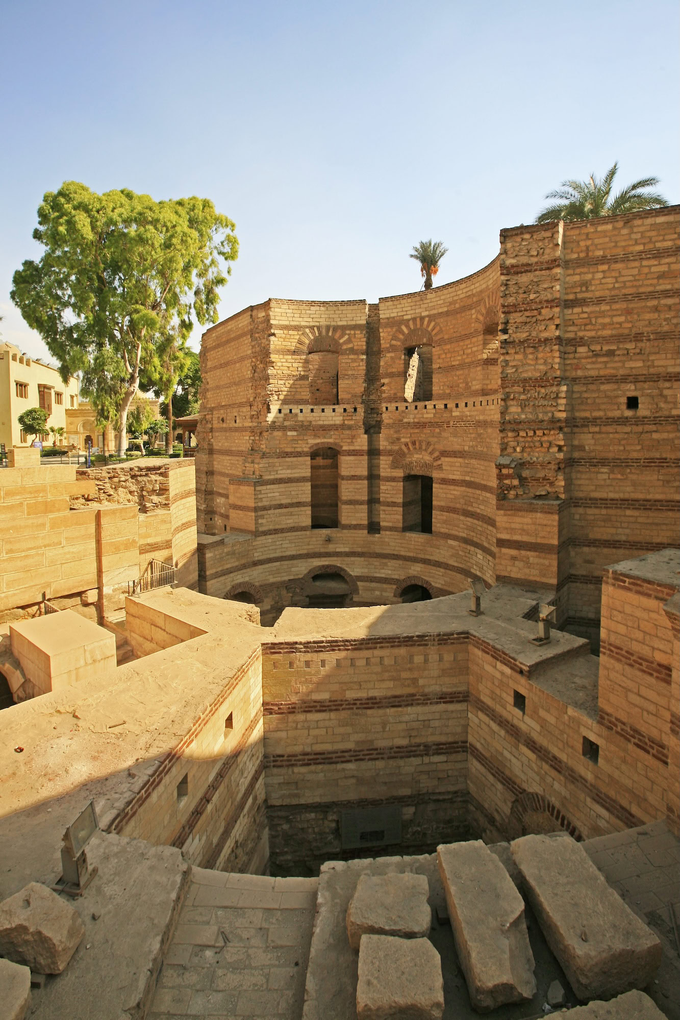 Ancient Babylon Fortress ruins in Egypt showing circular stone walls and towers