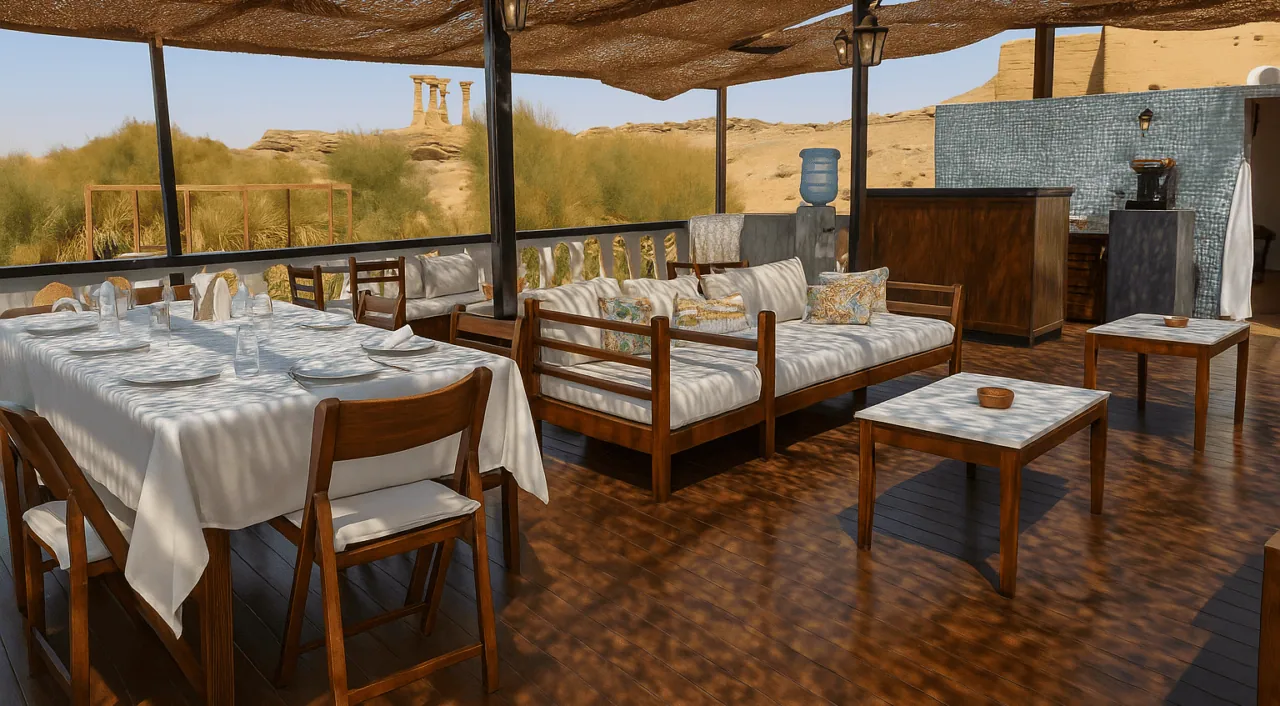 Outdoor dining setup on Sai Dahabiya overlooking the Nile