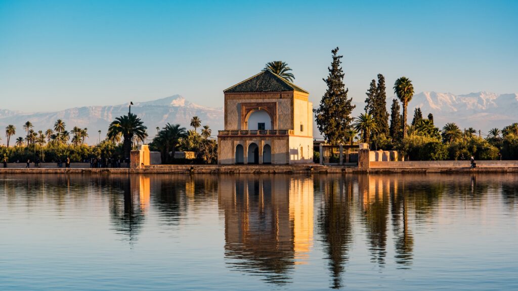 Saadian pavilion,Menara gardens and Atlas in Marrakech, Morocco, Africa.
