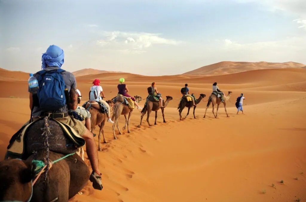 Camel caravan walking across sand dunes with tourists riding camels in Erg Chebbi desert near Merzouga