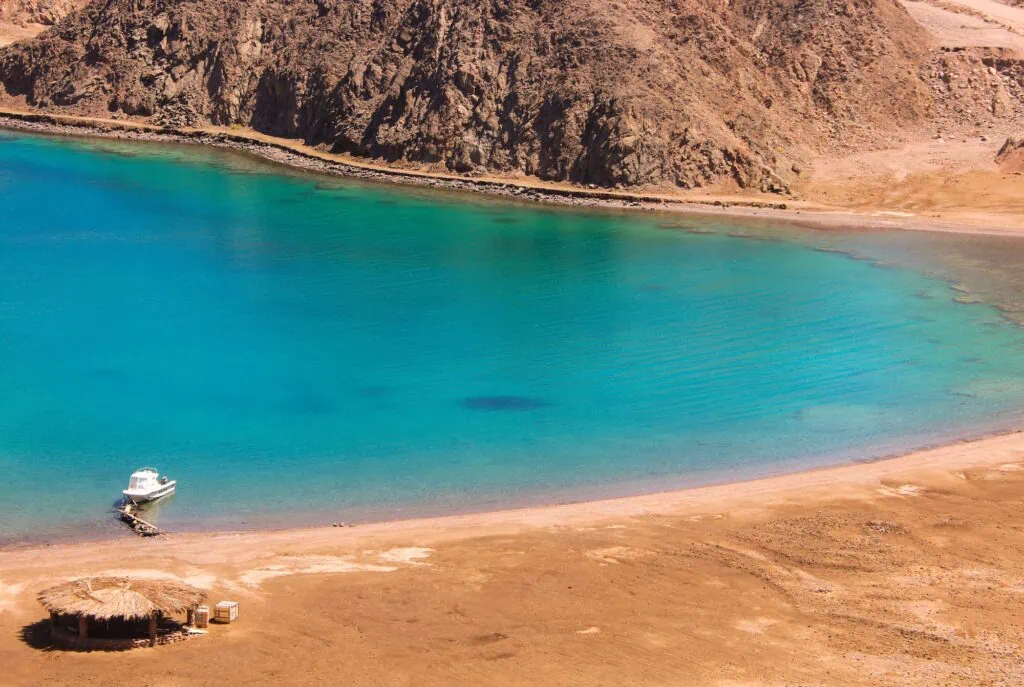 Sea and mountain view over Fjord Bay along the Gulf of Aqaba in Taba