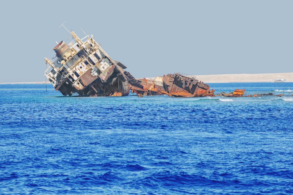 Shipwreck near Tiran Island submerged in the Red Sea waters, Sharm El Sheikh