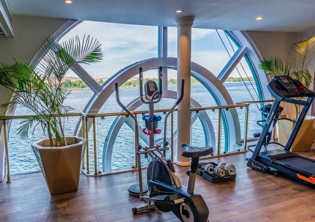 Fitness room with modern exercise equipment on Sonesta Moon Goddess Nile Cruise