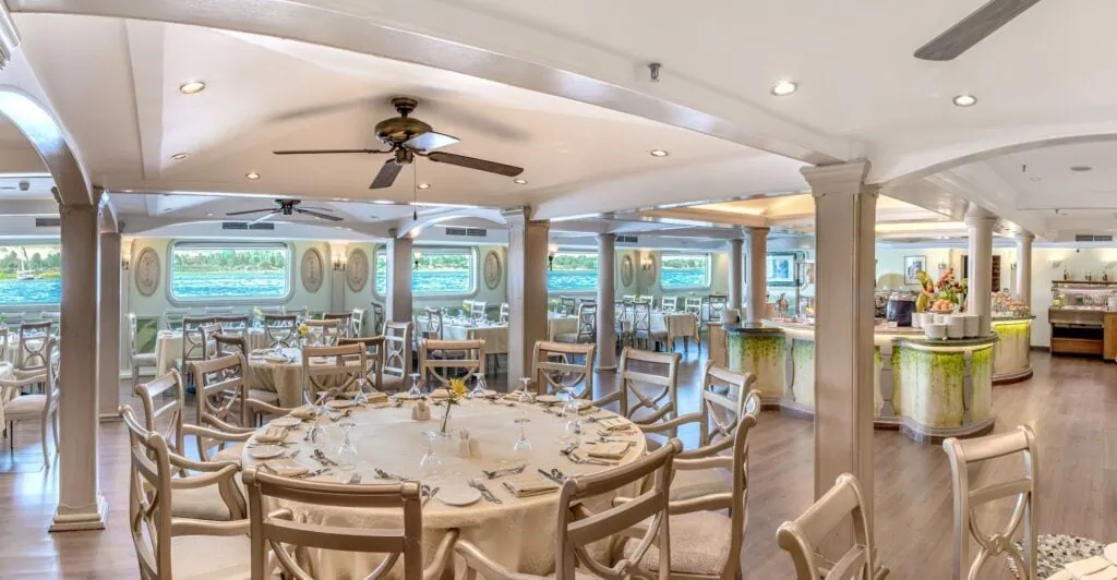 Interior view of an elegant dining restaurant aboard the Sonesta Moon Goddess Nile Cruise, Sonesta Moon Goddess restaurant, Luxor