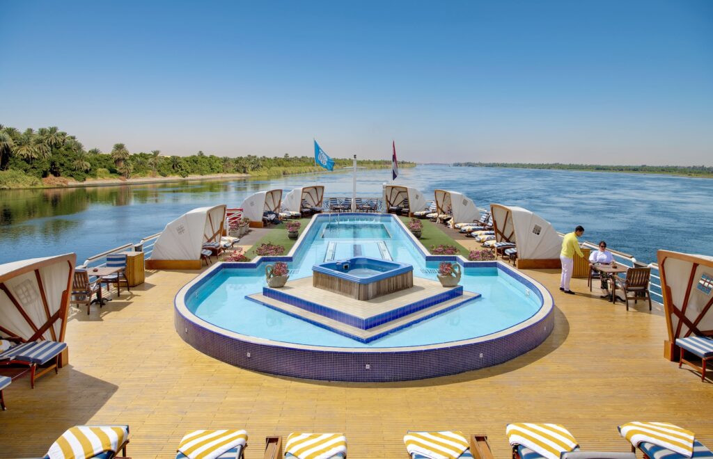 Sun deck pool on the Sonesta St. George Nile cruise ship with Nile River view, Luxor