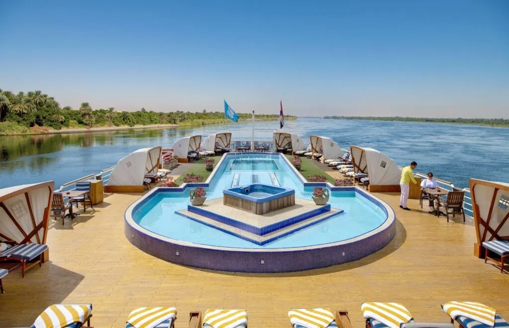 Sun deck pool on the Sonesta St. George Nile cruise ship with Nile River view, Luxor