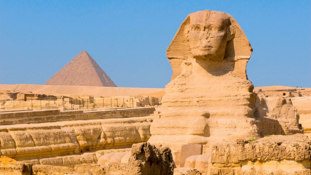 Sphinx and pyramids at Giza Cairo