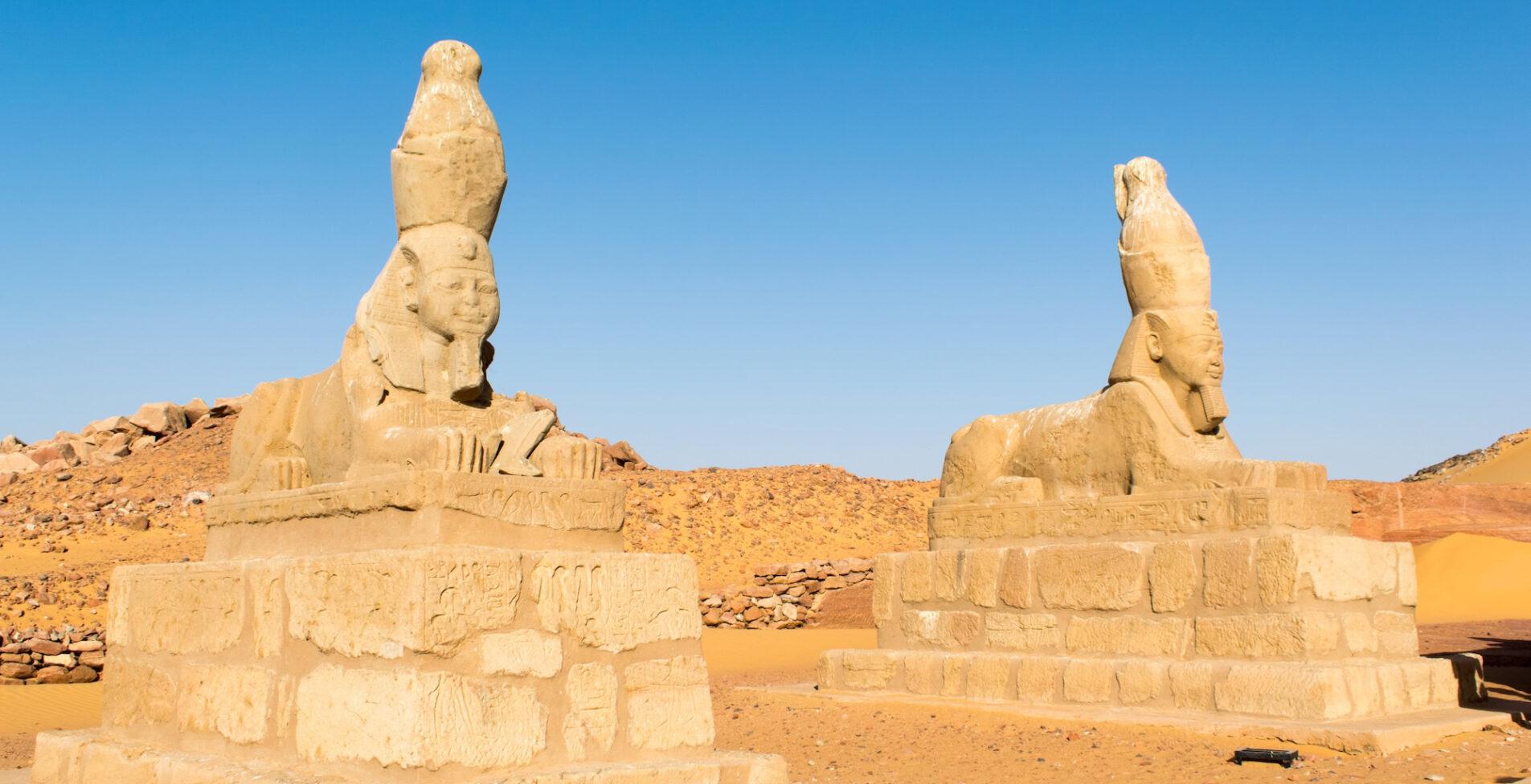 Sphinx at entrance of Wadi El Seboua temple Nubia Nasser Lake Egypt