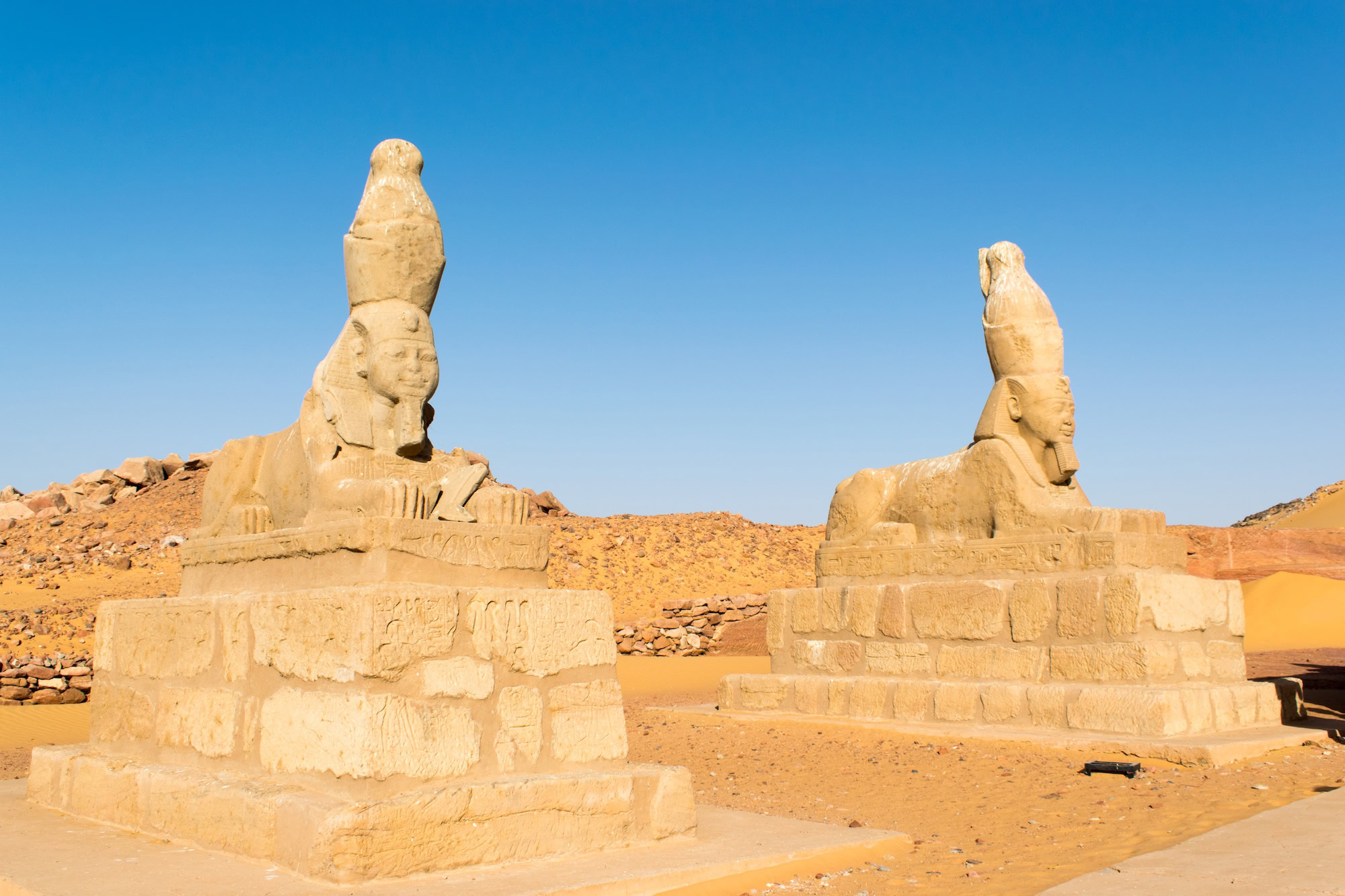 Sphinx at entrance of Wadi El Seboua temple Nubia Nasser Lake Egypt