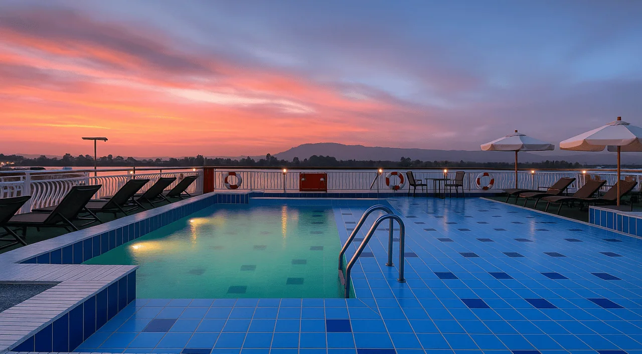 Piscina do MS Steigenberger Minerva iluminada à noite com luz suave