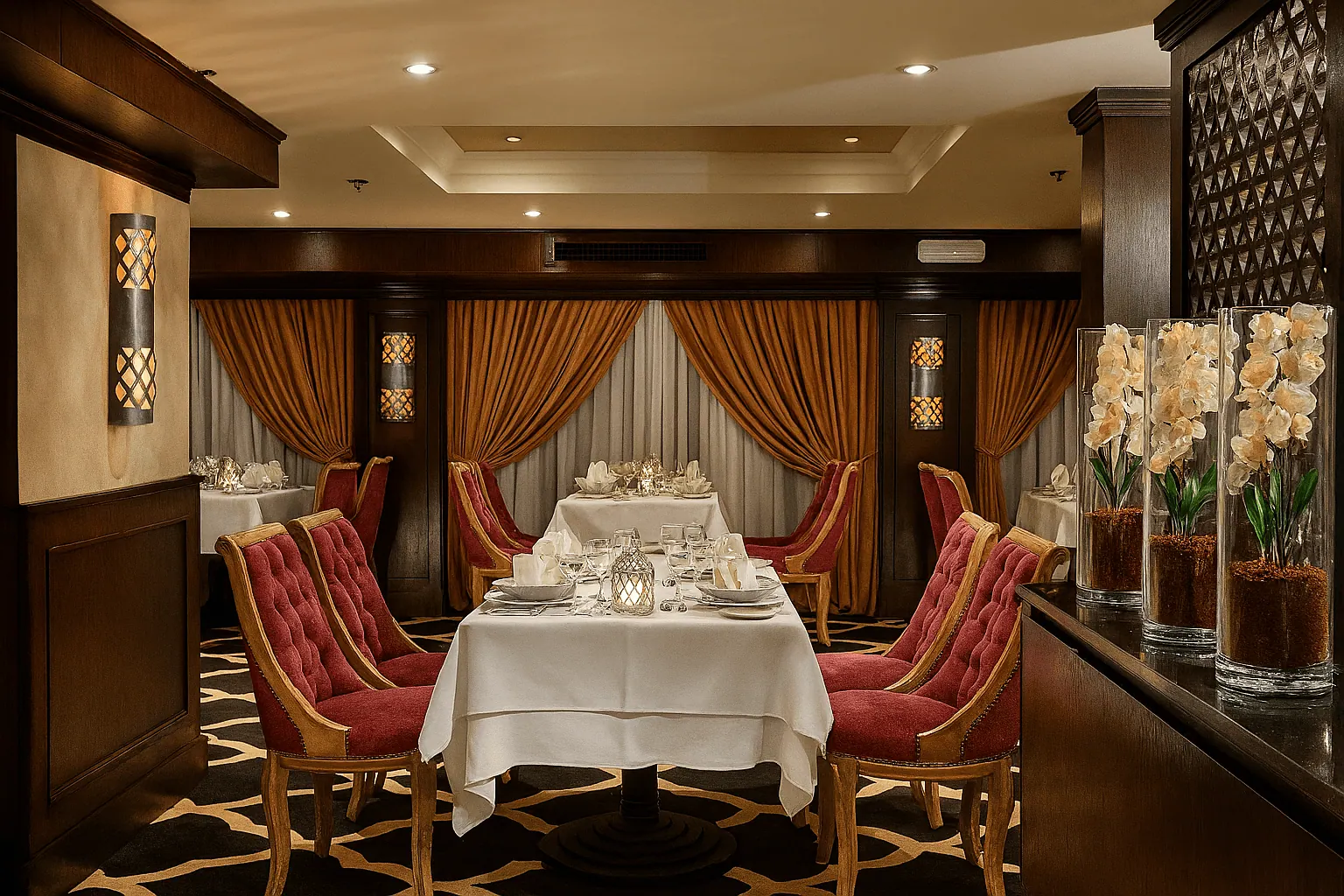 Elegant hotel restaurant dining table set with wine glasses, plates and orchid centerpiece