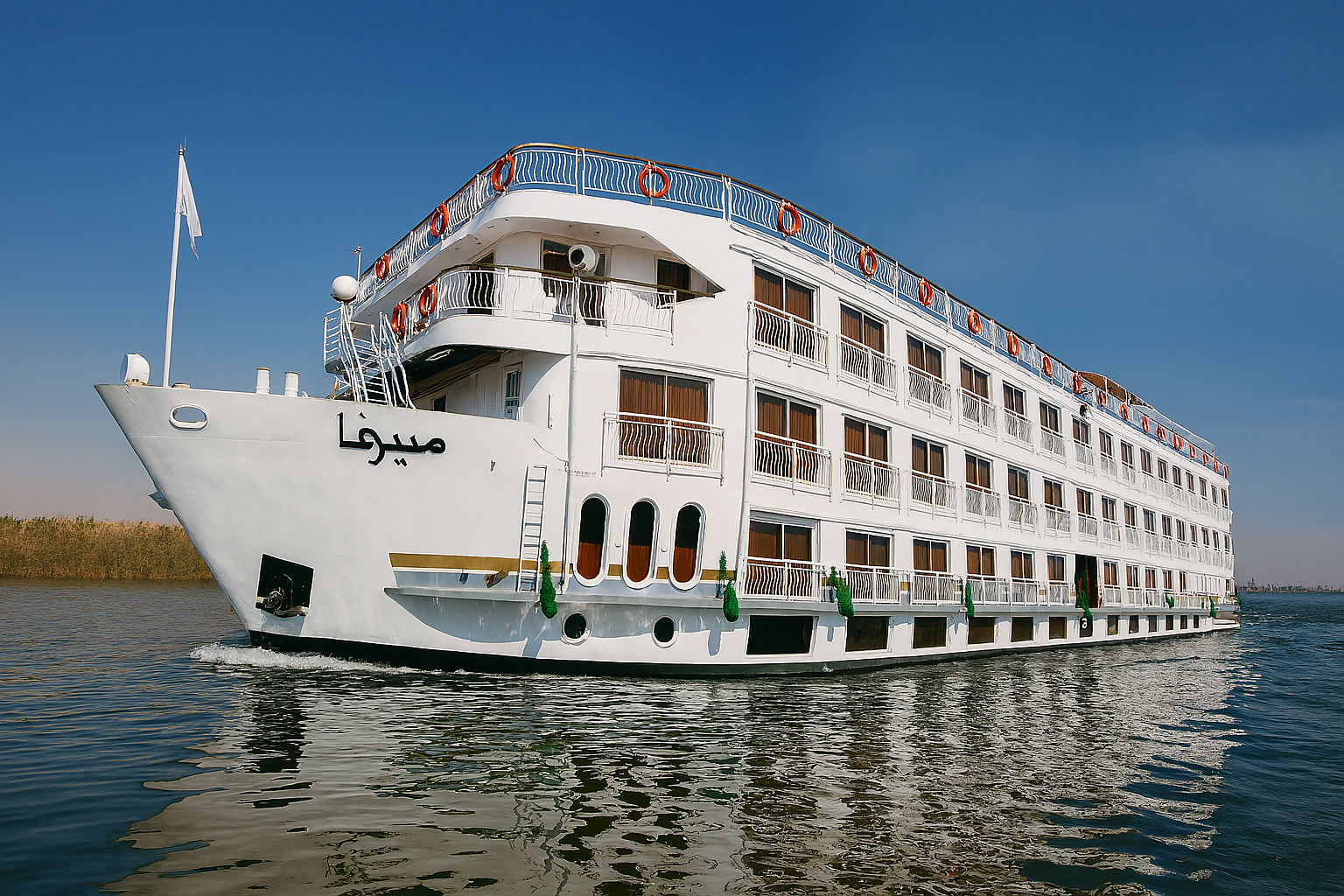 Nile River cruise ship sailing along the river with Arabic text visible on hull