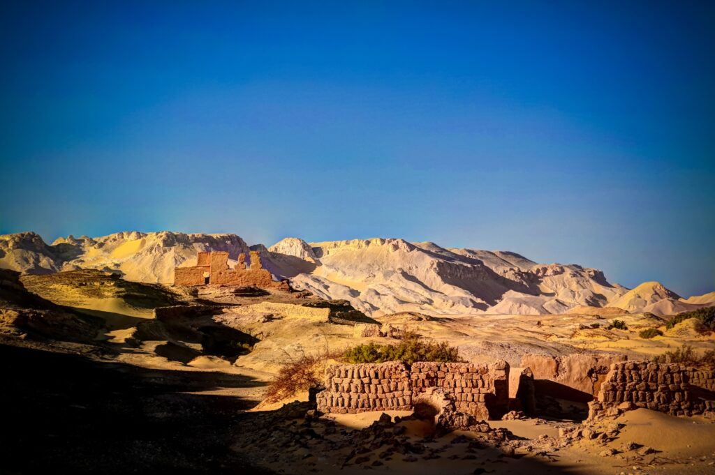 Stone rooms and connecting passageways seen inside Kasr El Labkha Roman fortress in the Western Desert, Kharga Oasis