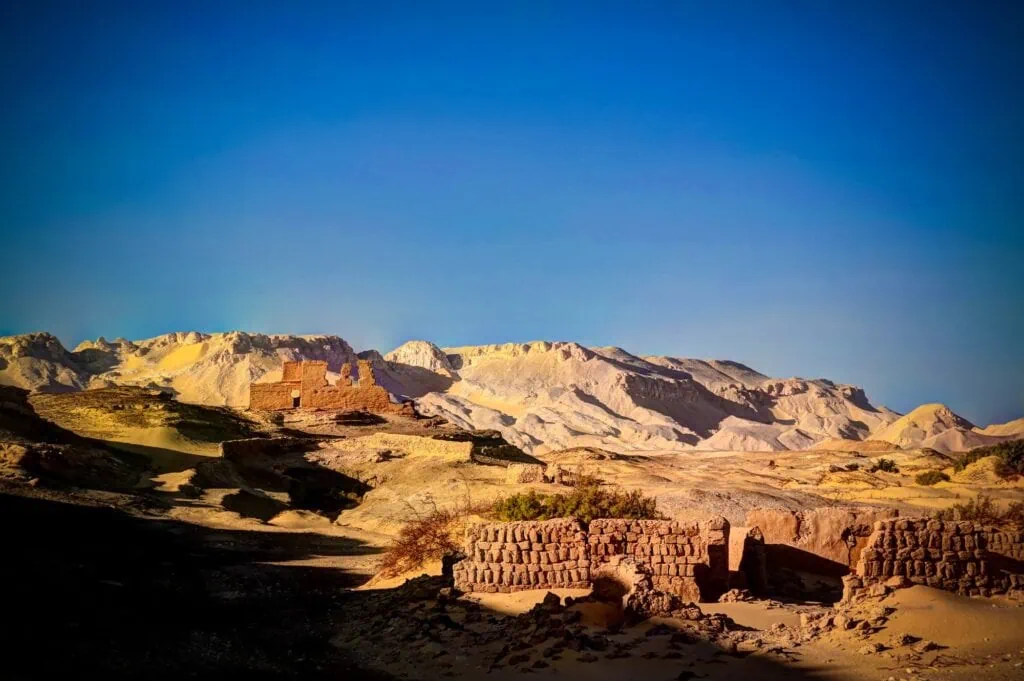 Stone rooms and connecting passageways seen inside Kasr El Labkha Roman fortress in the Western Desert, Kharga Oasis