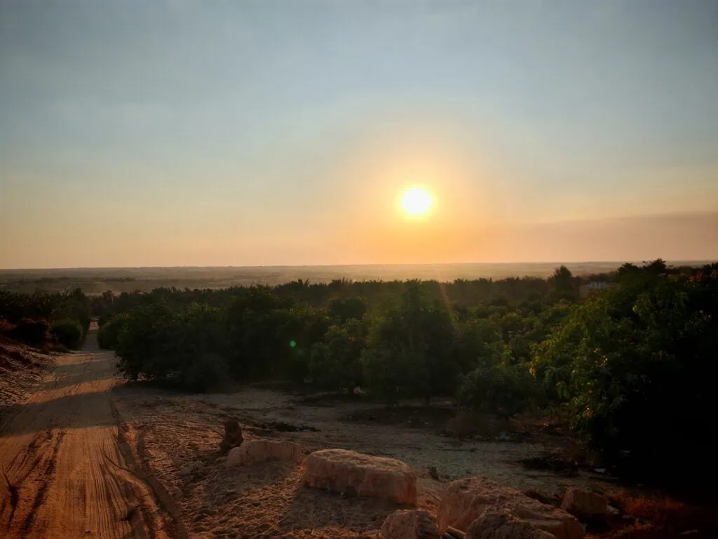A desert oasis landscape with salt lakes and surrounding sand plains in Wadi El Natrun, Wadi El Natrun