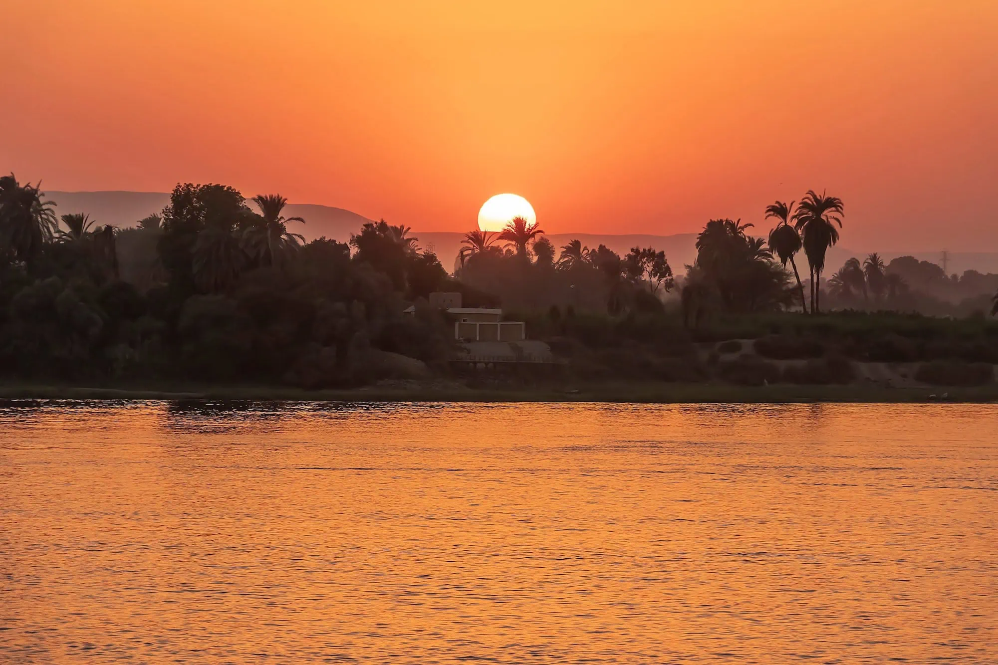 Stunning sunset over the Nile River with golden reflections and palm trees