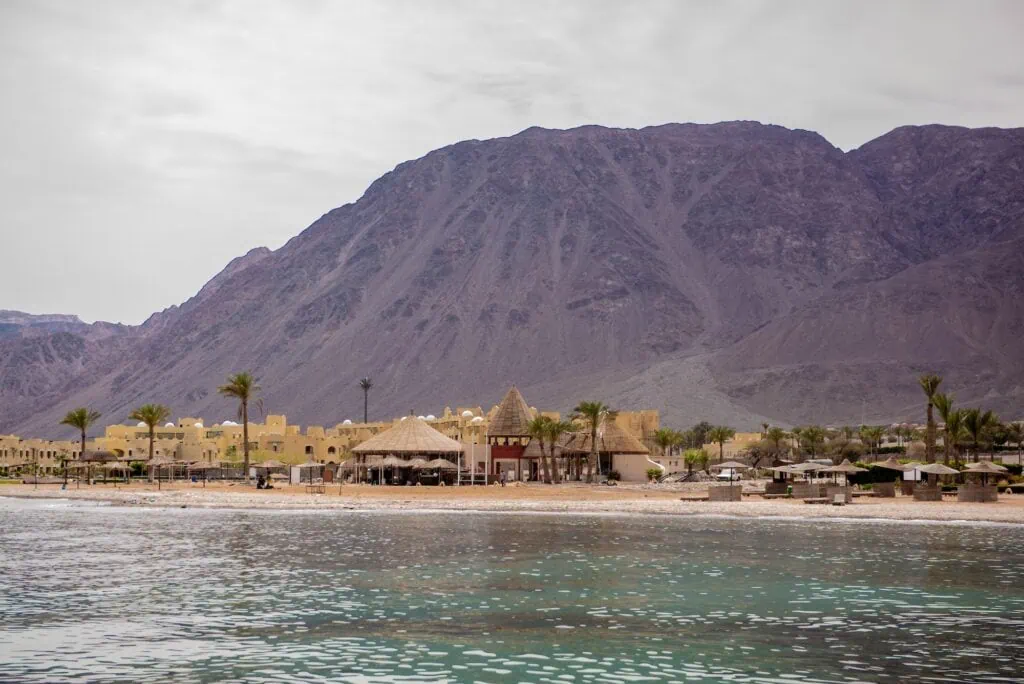 Clear waters and desert mountains along the Gulf of Aqaba, Taba