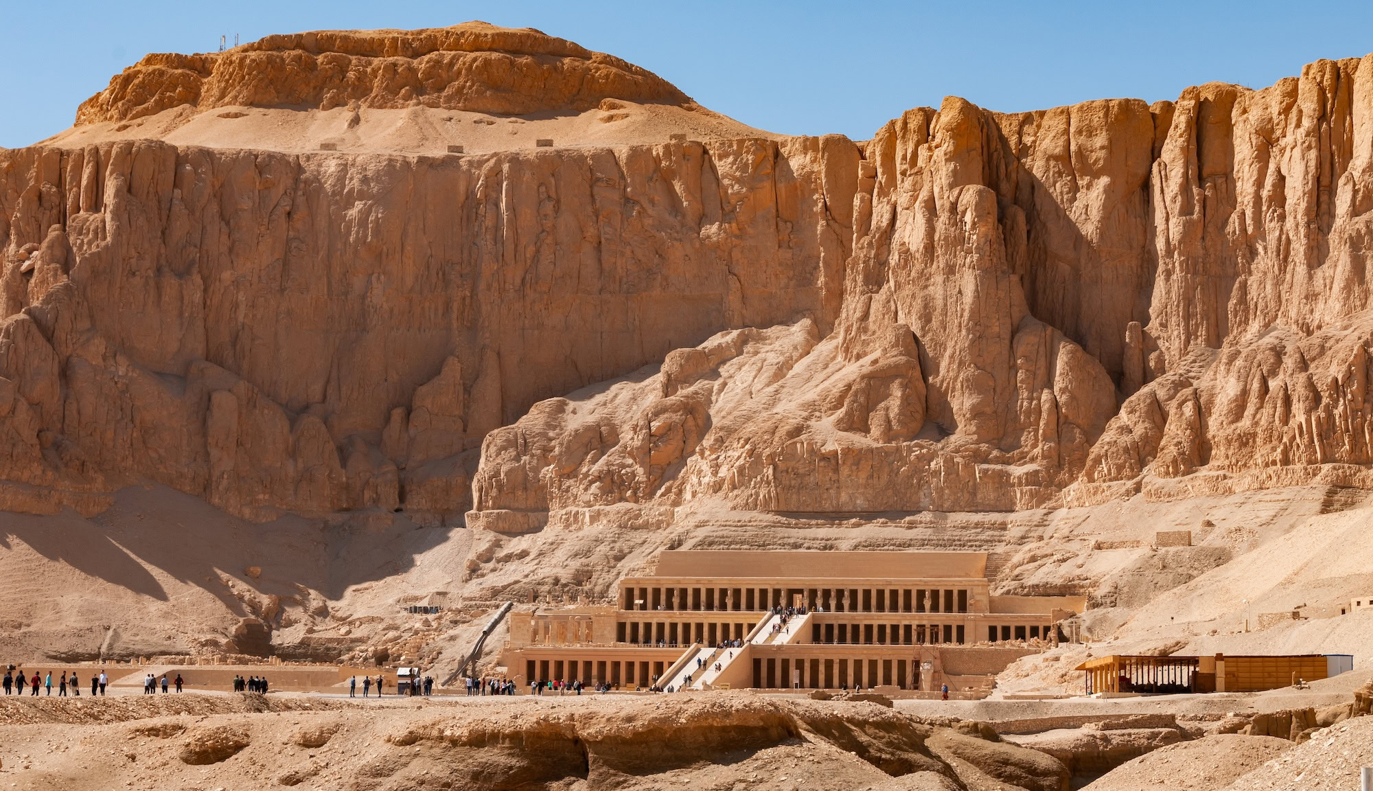 Temple of Hatshepsut with terraced columns and limestone cliffs in Egypt