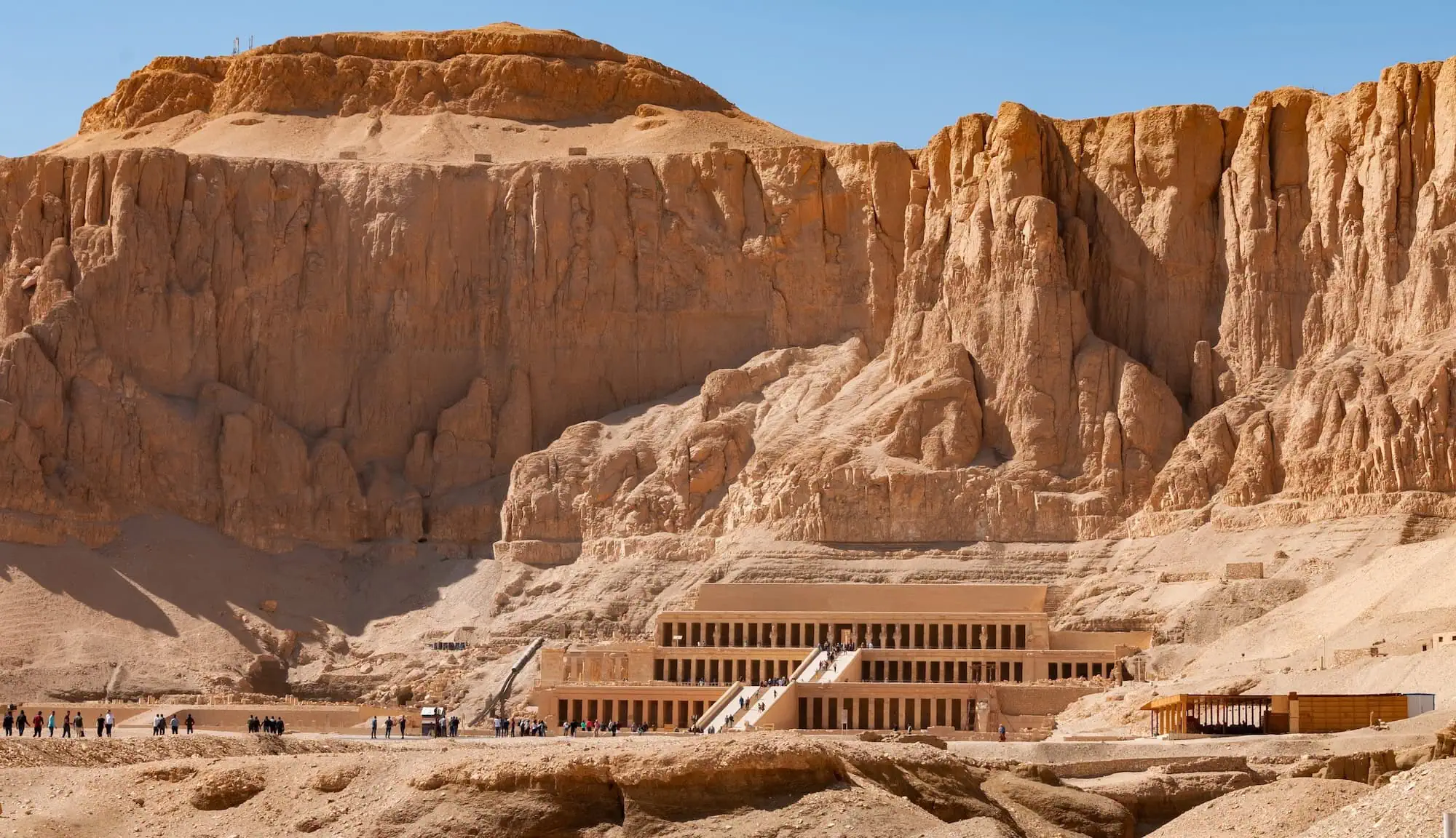 Temple of Hatshepsut with terraced columns and limestone cliffs in Egypt