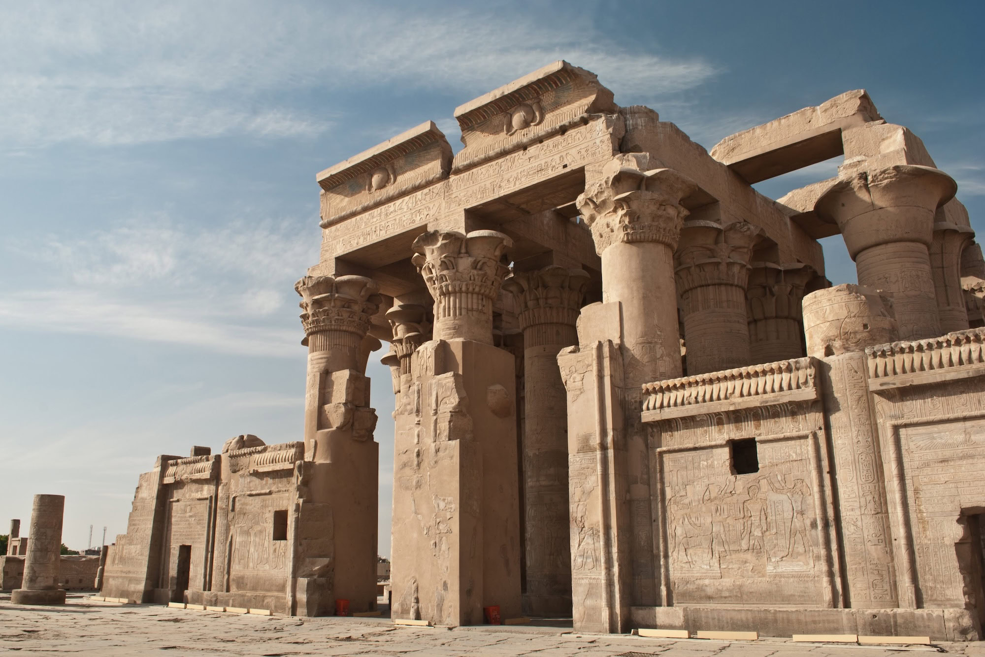 Ancient Kom Ombo Temple showing symmetrical columns and hieroglyphic carvings dedicated to dual deities