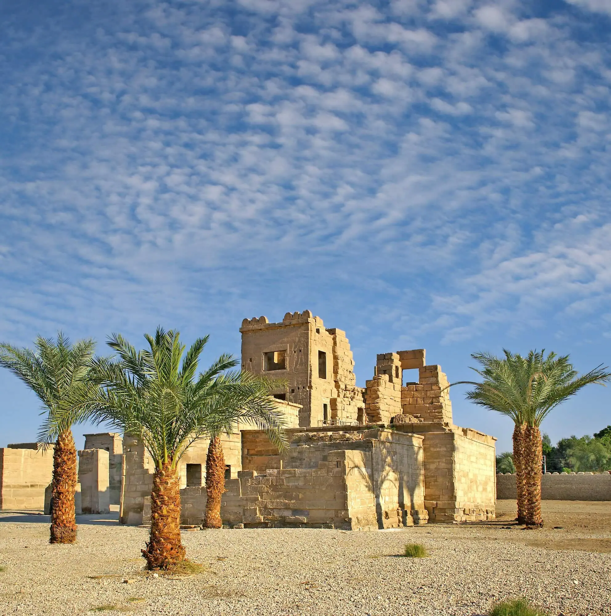 Ancient Egyptian temple ruins with columns and palm trees under a cloudy sky