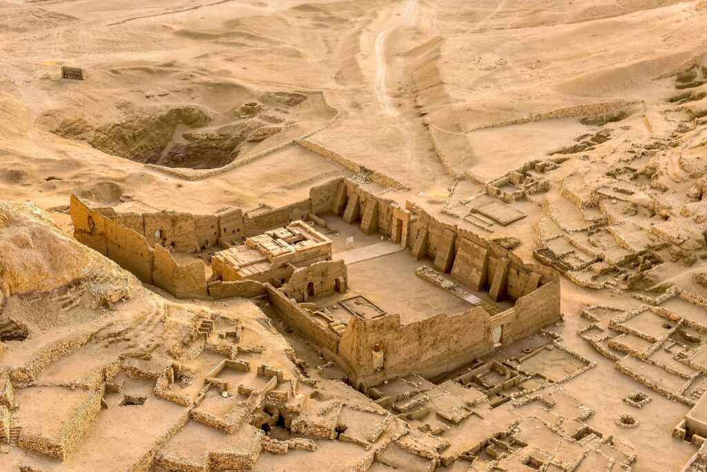 Temple ruins at the village of The Workers at Deir El Medina a view from a hot air balloon Luxor Egypt