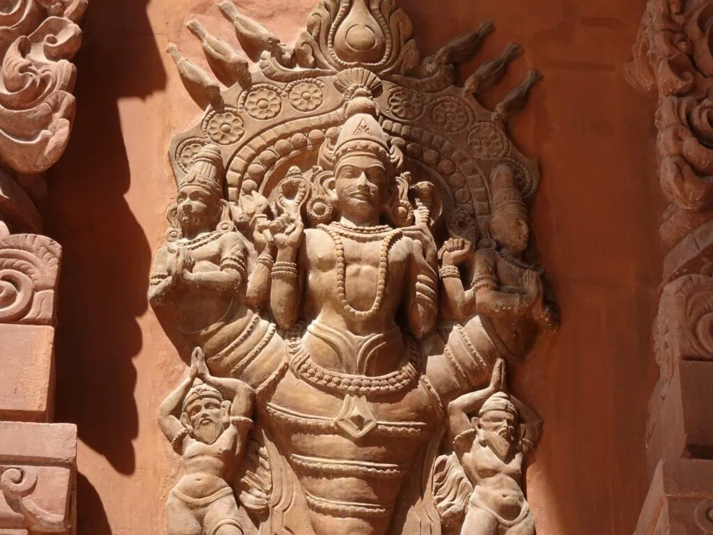 A carved Hindu-style relief on the exterior wall of the Baron Empain Palace, Cairo