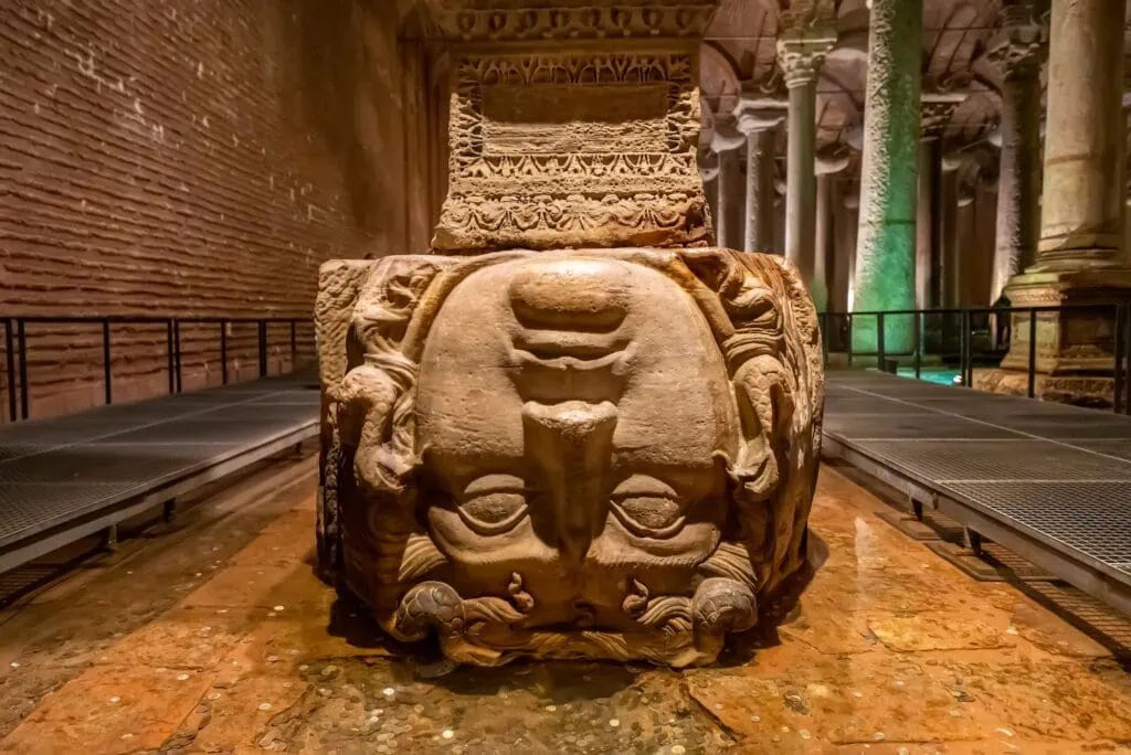 Head of Medusa stone base in the Basilica Cistern