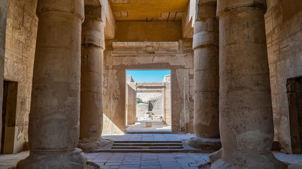 The Mortuary Temple of Seti I with stone columns in Abydos