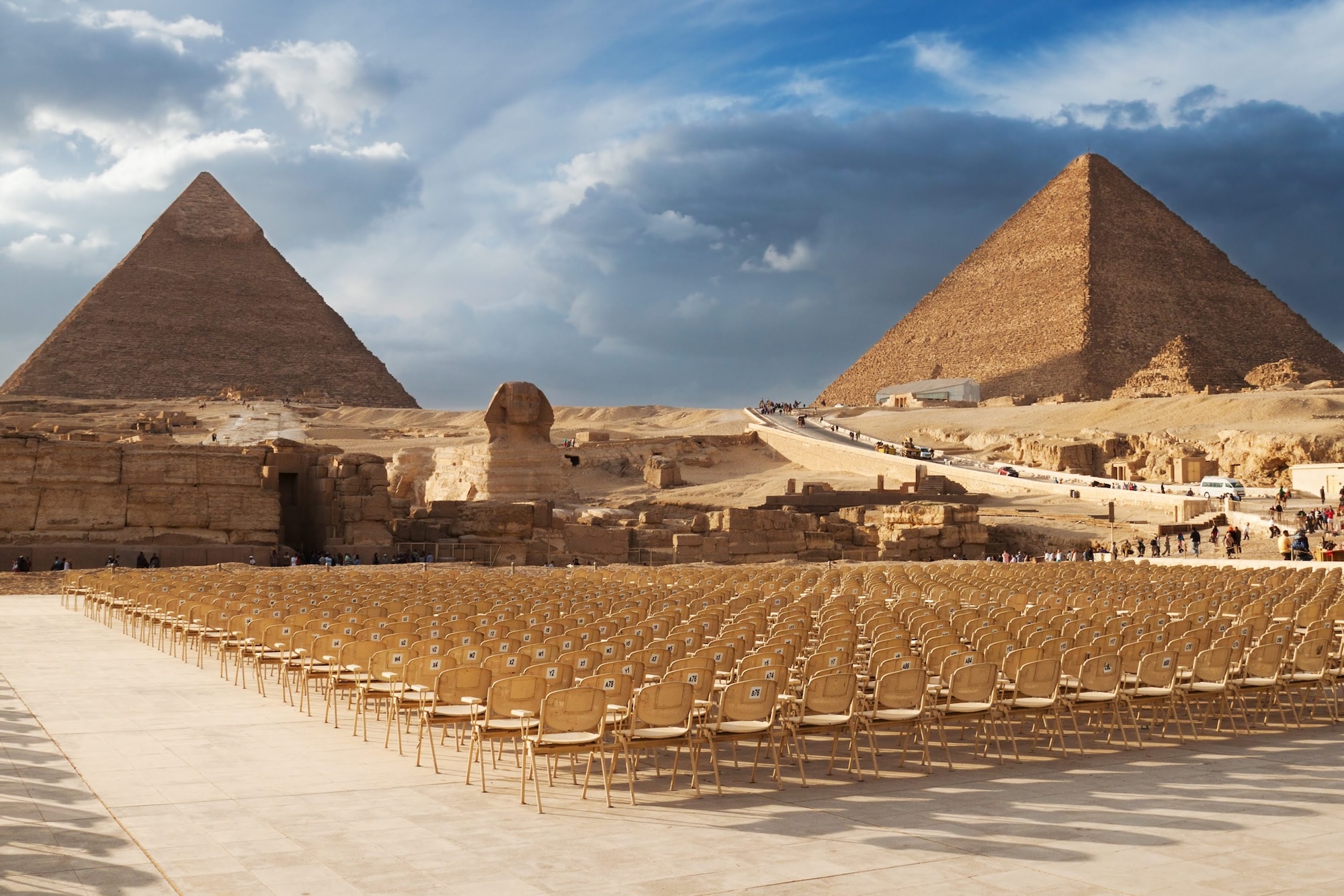 Tourist seating area with chairs at the Giza Pyramid Complex