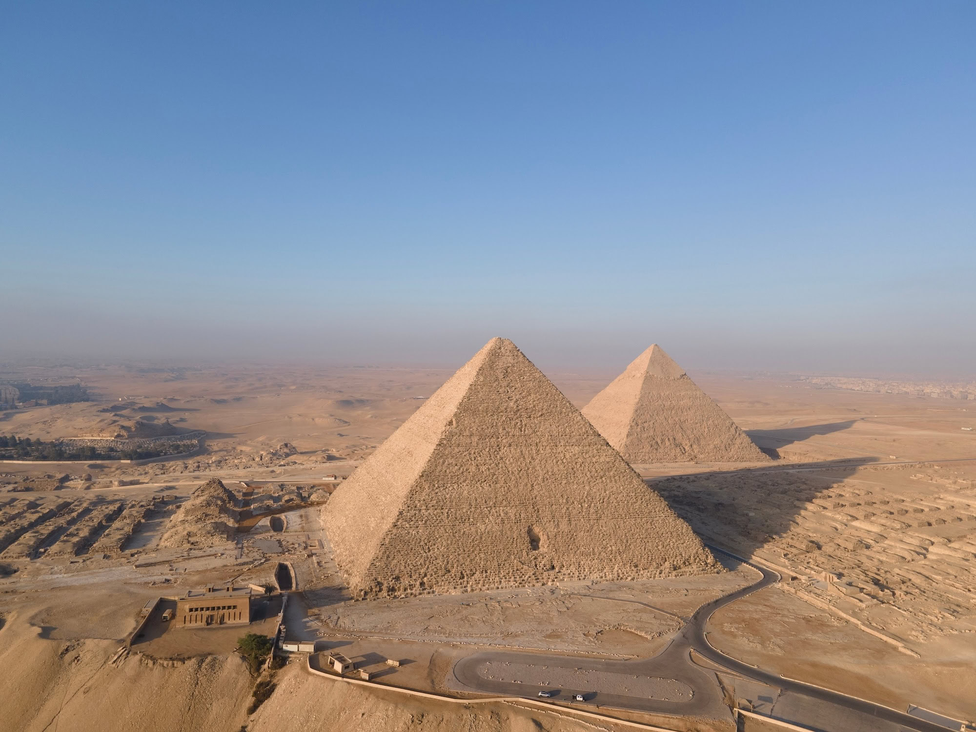 Aerial view of the Pyramids of Giza complex in Egypt
