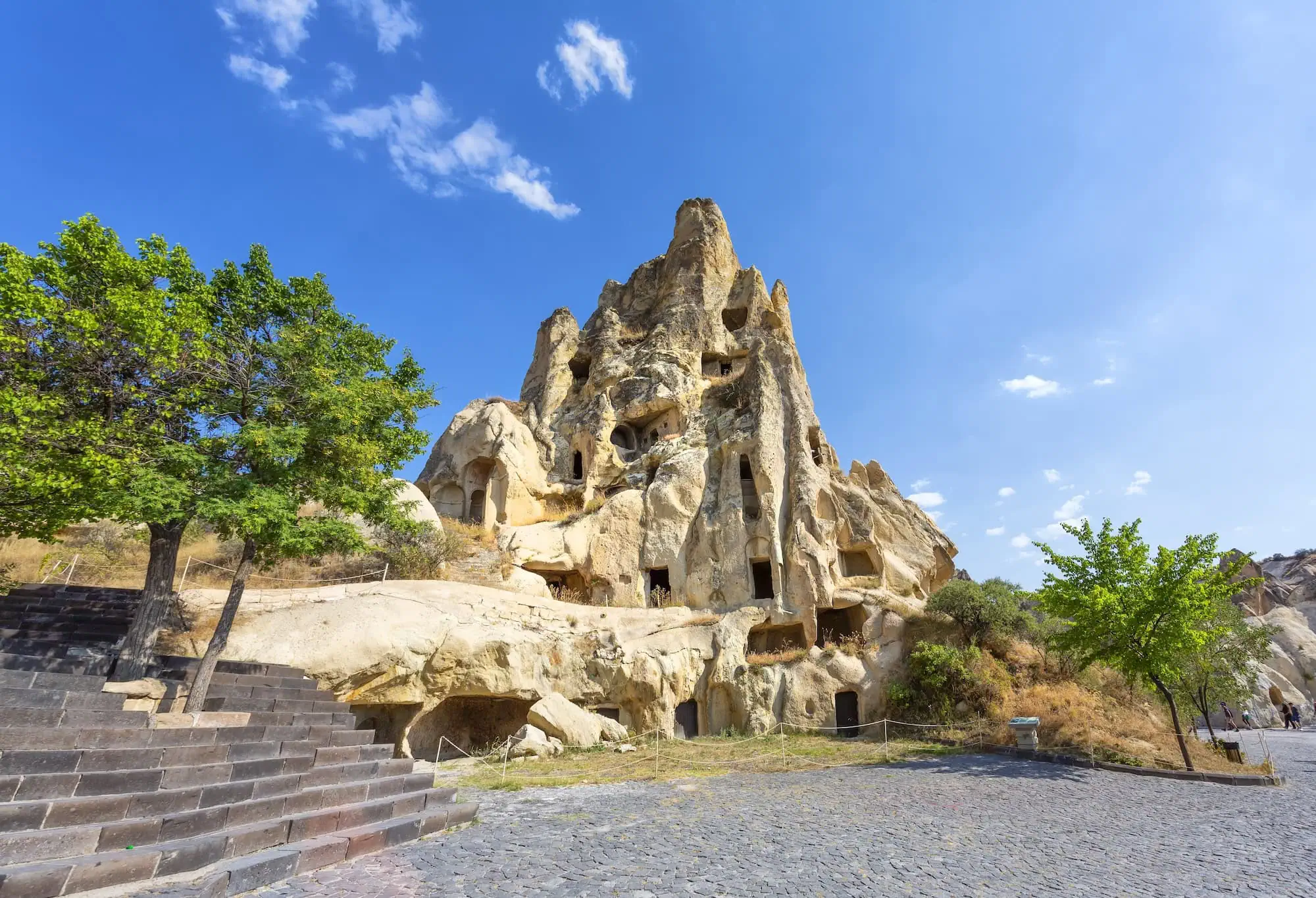 Ancient Byzantine rock-cut churches carved into volcanic rock formations at Goreme Open Air Museum