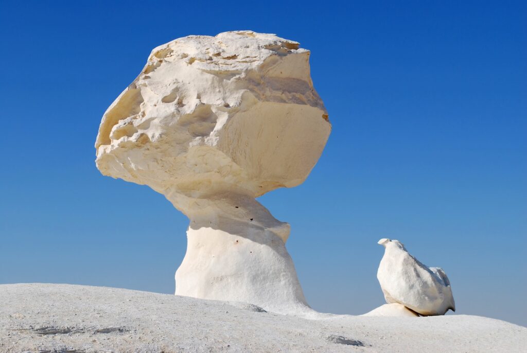 Mushroom and chicken-shaped limestone rock formations in the White Desert