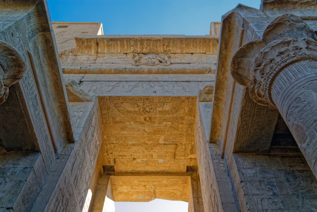 Painted stone ceilings with colorful relief patterns inside Edfu Temple, Edfu