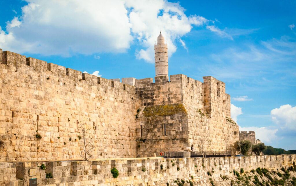 Panoramic exterior view of the Tower of David citadel with ancient city walls, Jerusalem