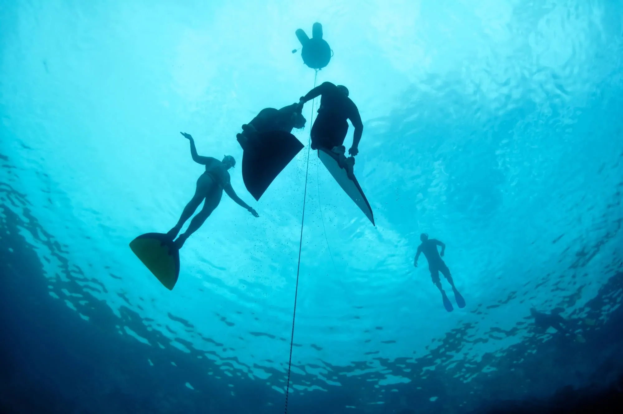 Underwater photograph of freedivers training in the deep blue waters of Blue Hole diving location