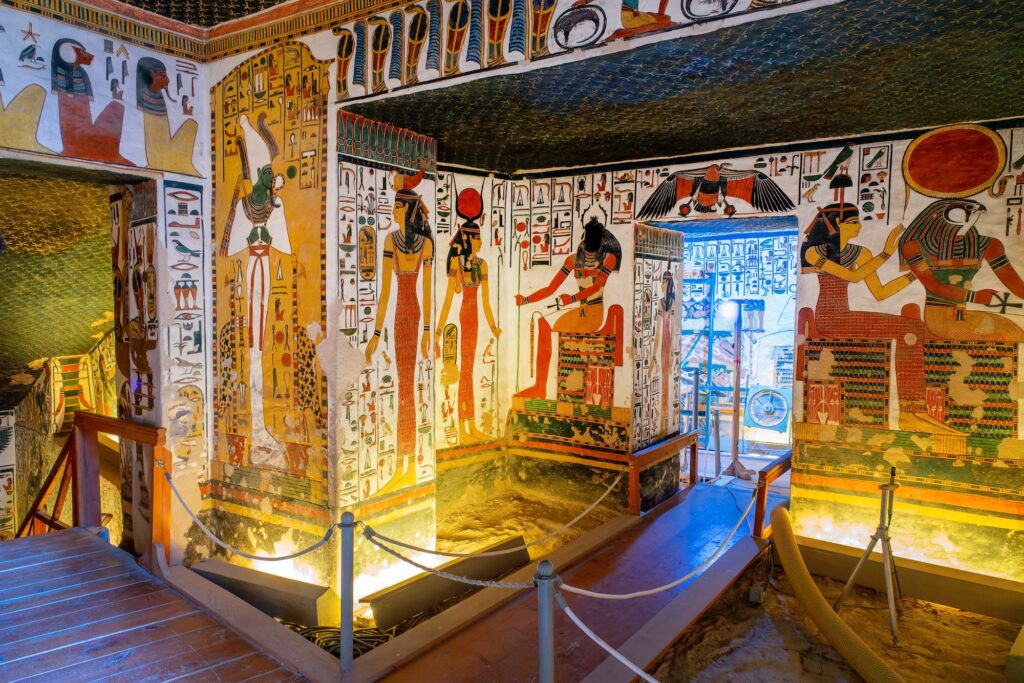 Tomb of Nefertari with colorful wall paintings and detailed hieroglyphs in the Valley of the Queens at Luxor West Bank