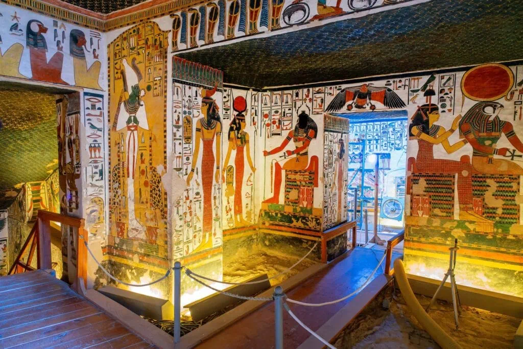 Tomb of Nefertari with colorful wall paintings and detailed hieroglyphs in the Valley of the Queens at Luxor West Bank