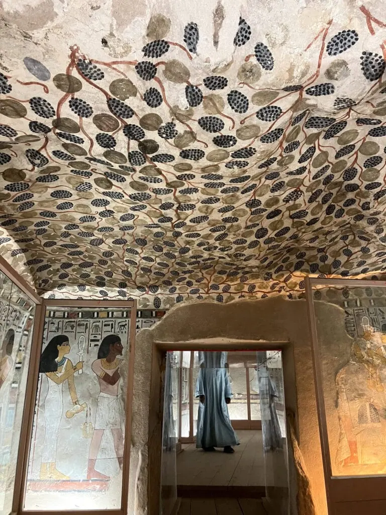 Tomb of Sennefer with decorated burial chamber walls and painted vineyard ceiling, Luxor