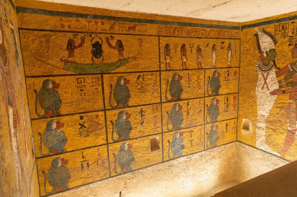 Tomb of Pharaoh Tutankhamun showing wall paintings of baboons inside the Valley of the Kings, Luxor