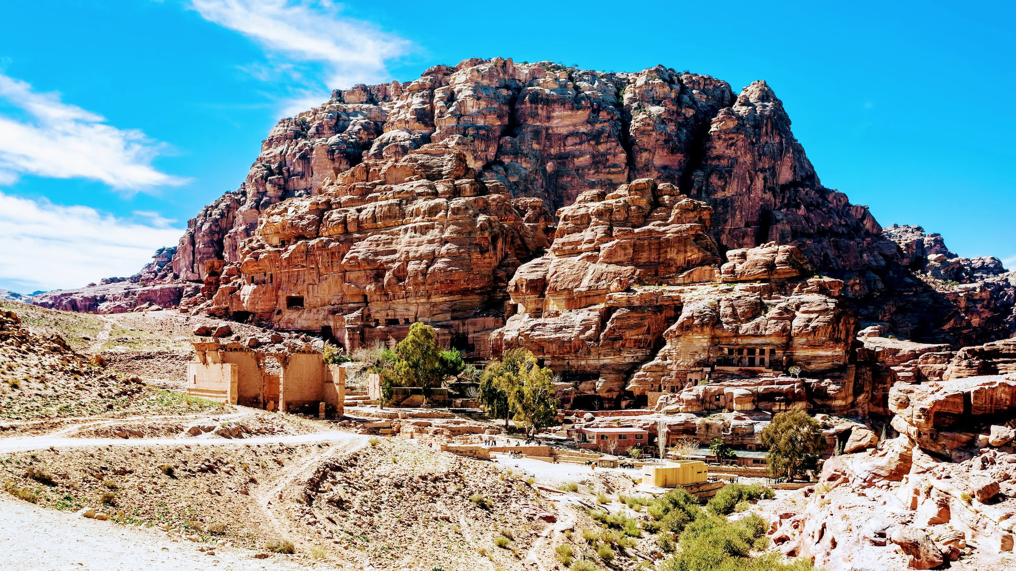 Travel to Middle East country Kingdom of Jordan view of Temple of Dushares and Unfinished Tomb in Petra town in winter